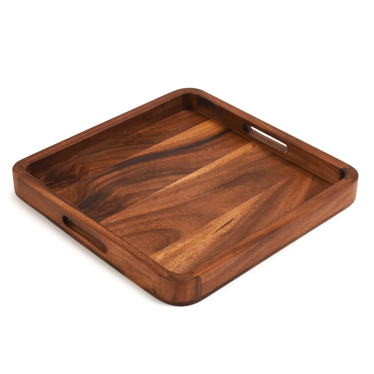 Square wooden serving tray with solid bottom, dark brown, side handle cutouts