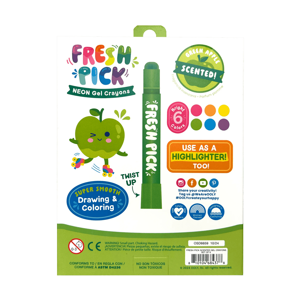 Apple-scented neon gel crayons package back, 6 colors and highlighting use