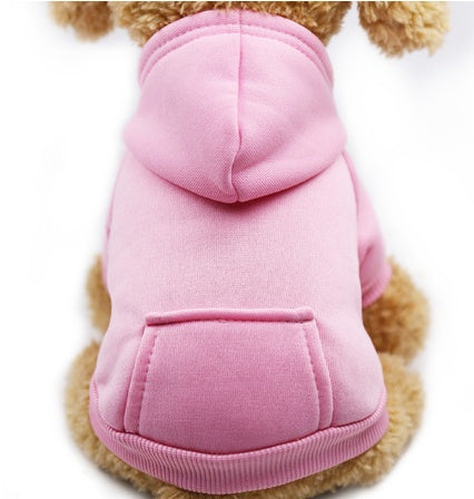 Pink dog hoodie sweater with hood and front pocket, ribbed cuffs