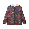 Hooded windbreaker jacket with abstract red, blue, and brown camo print, full zip