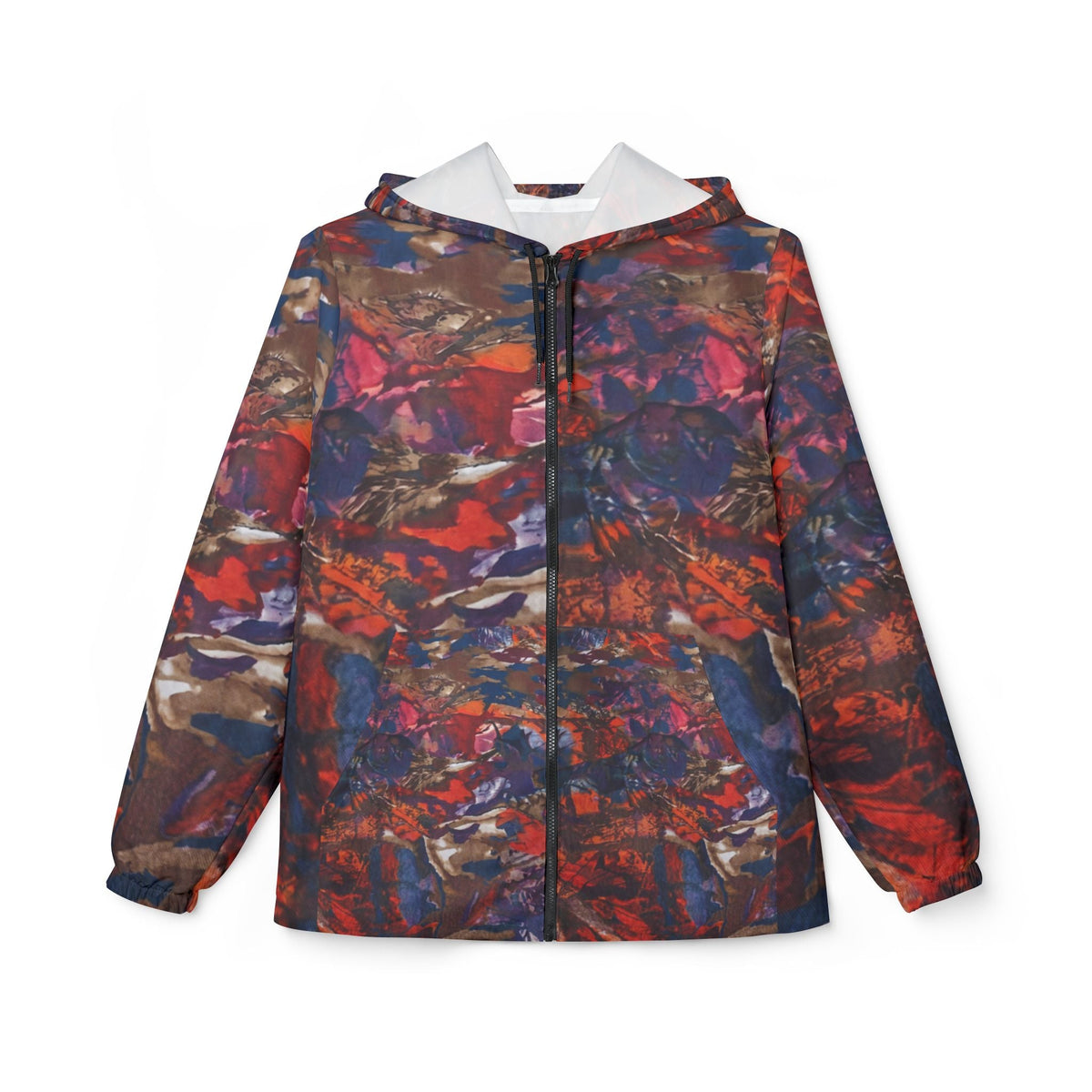 Hooded windbreaker jacket with abstract red, blue, and brown camo print, full zip