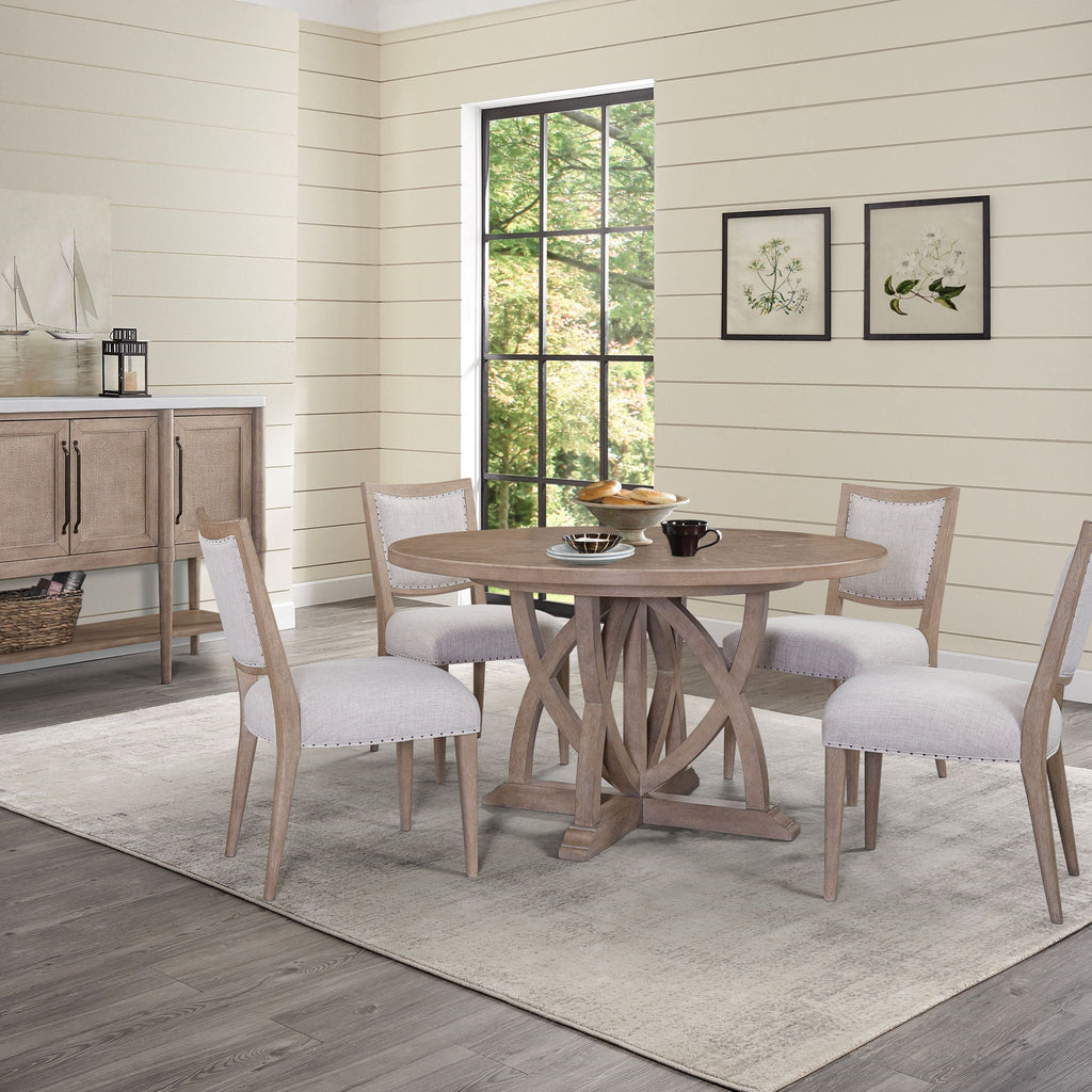 Sand round pedestal dining table with extendable design and cross-leg base