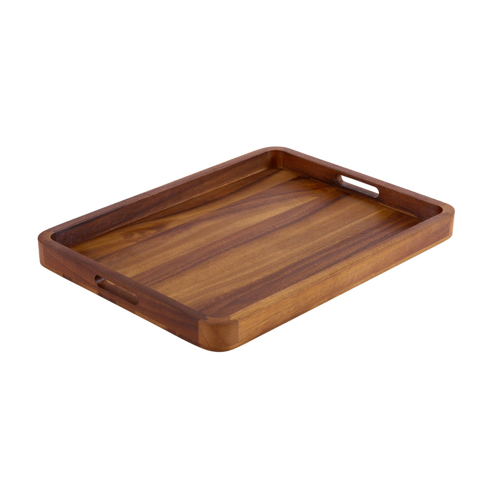 Rectangular wooden serving tray with solid bottom and side handle, top view