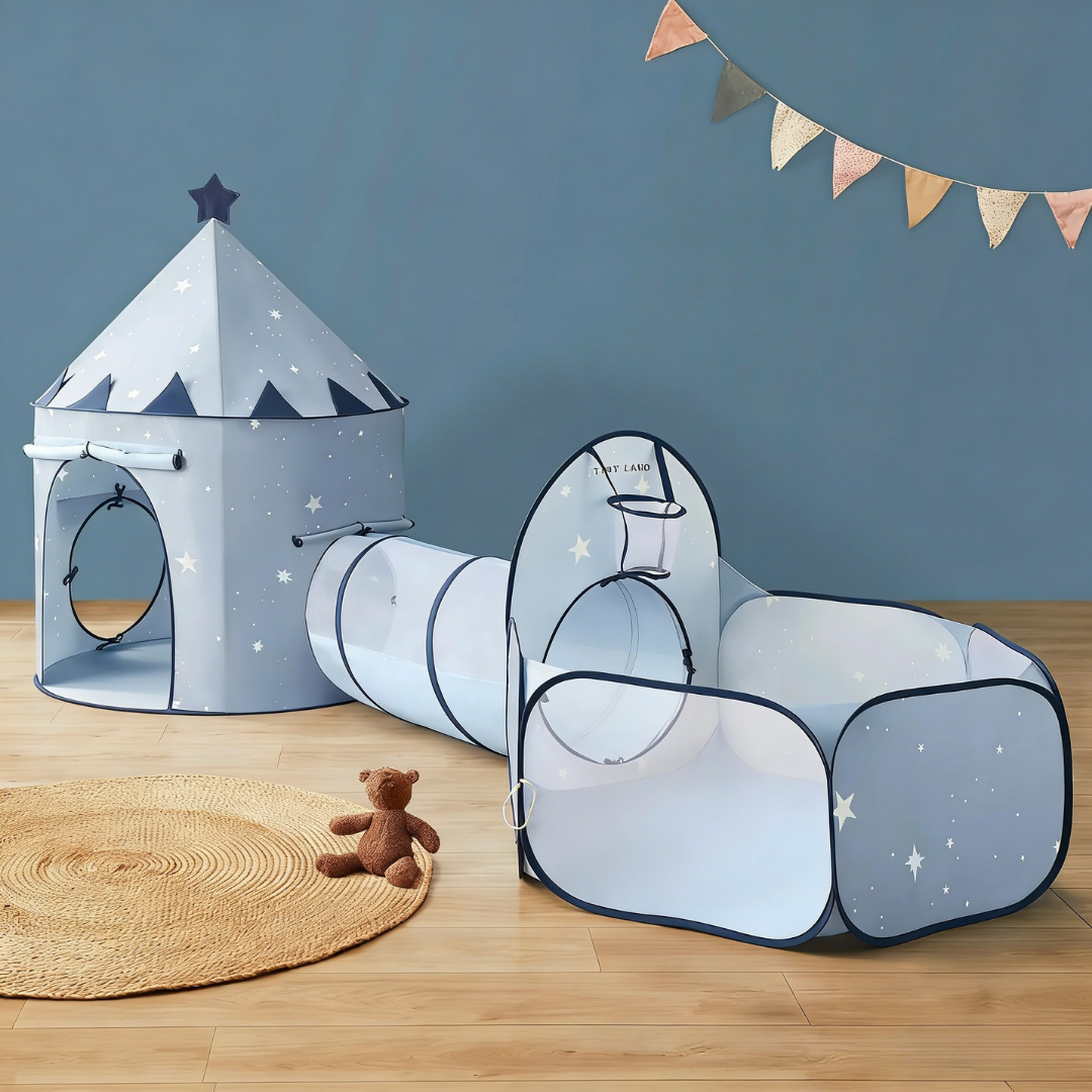 Light blue 3-in-1 play tunnel with dome tent and star panels, white fabric trim
