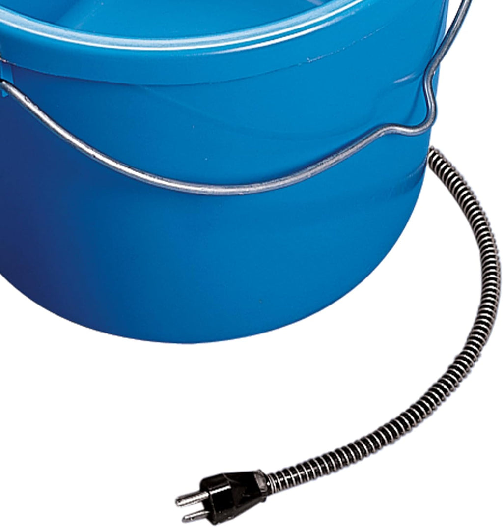 Blue heated bucket with metal rim and black power cord plug