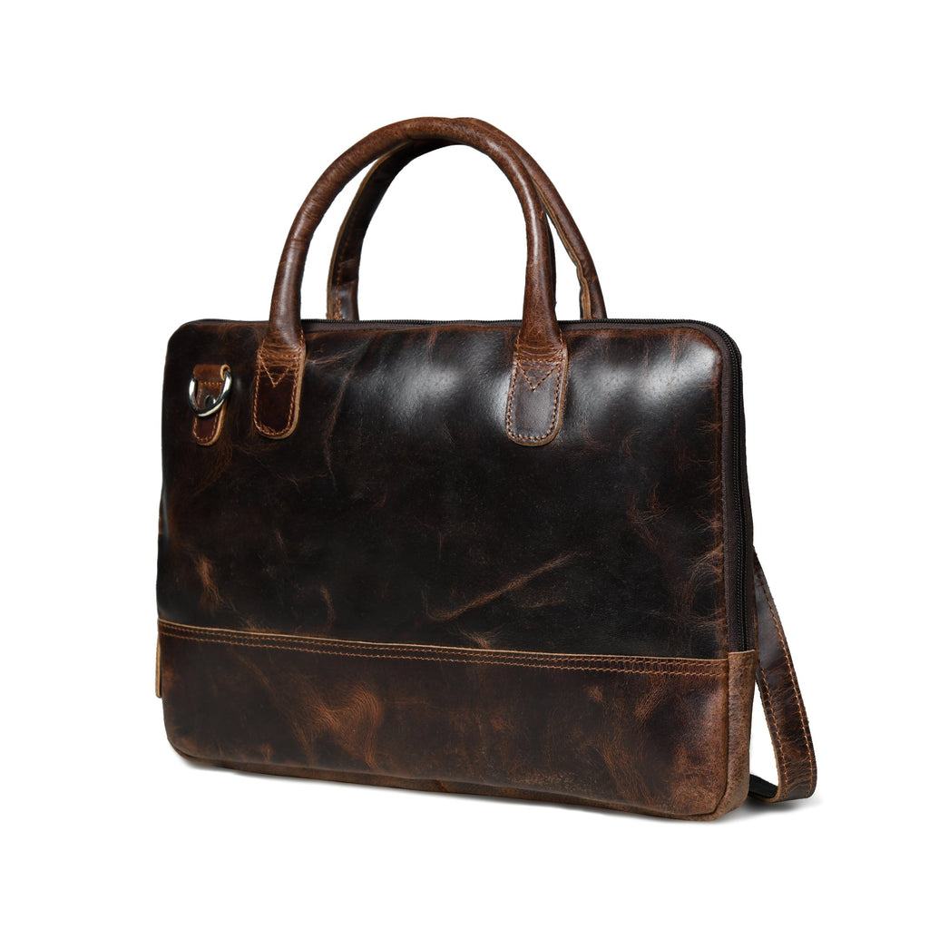 Dark brown leather laptop bag with top handles and front flap pocket