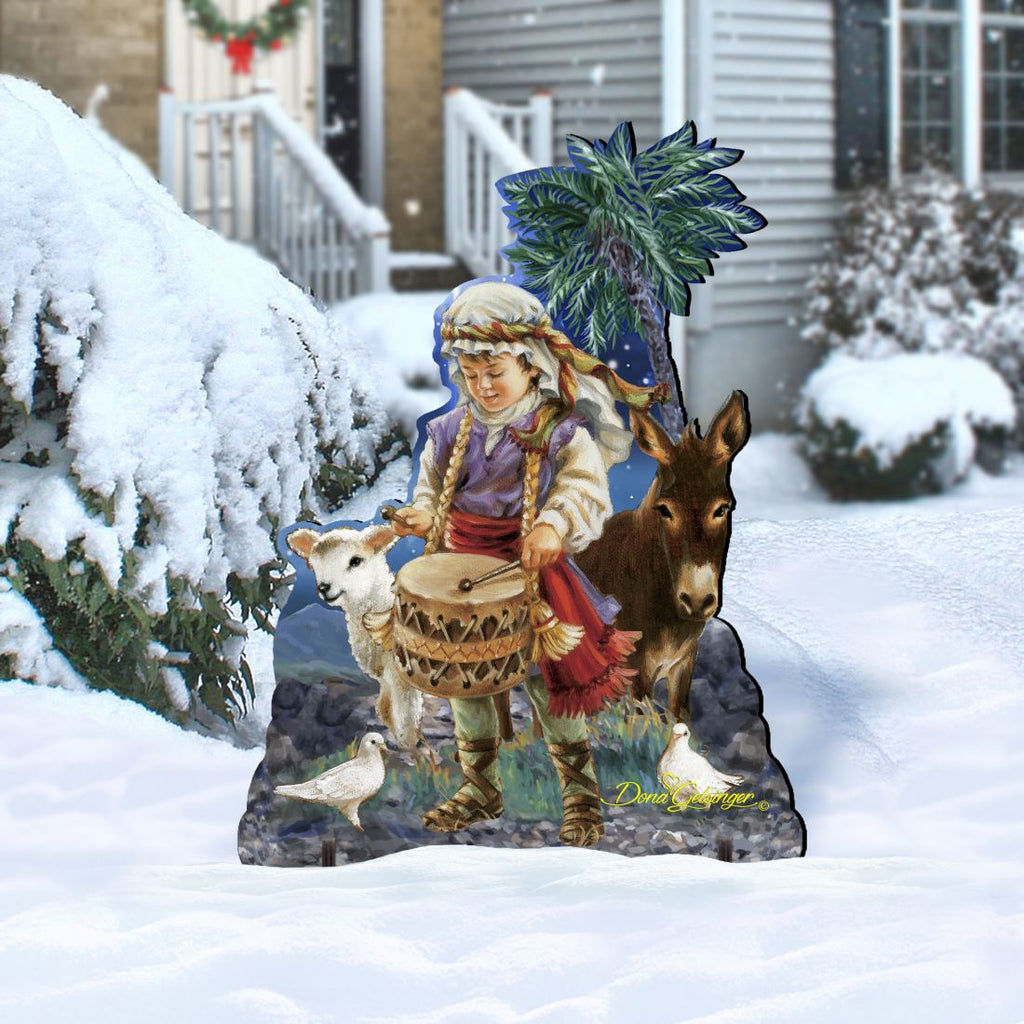 Nativity outdoor decor figure: drummer boy with drum, donkey, lamb, and cow