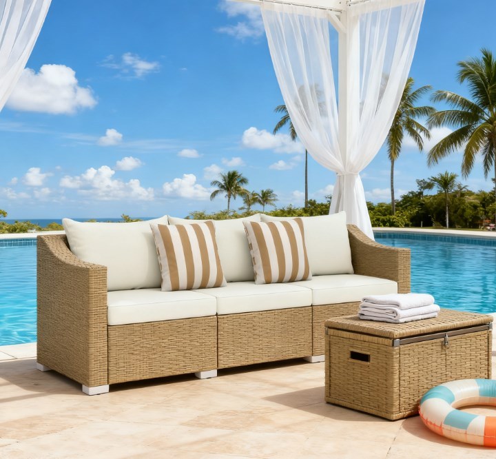 Outdoor beige rattan sofa with white seat cushions and striped decorative pillows