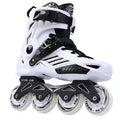 White inline skates with black laces and straps, four-wheel roller skate frame