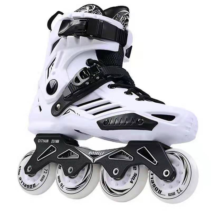 White inline skates with black laces and straps, four-wheel roller skate frame