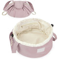 Lavender barrel drawstring makeup bag open with cream padded lining and mesh pocket