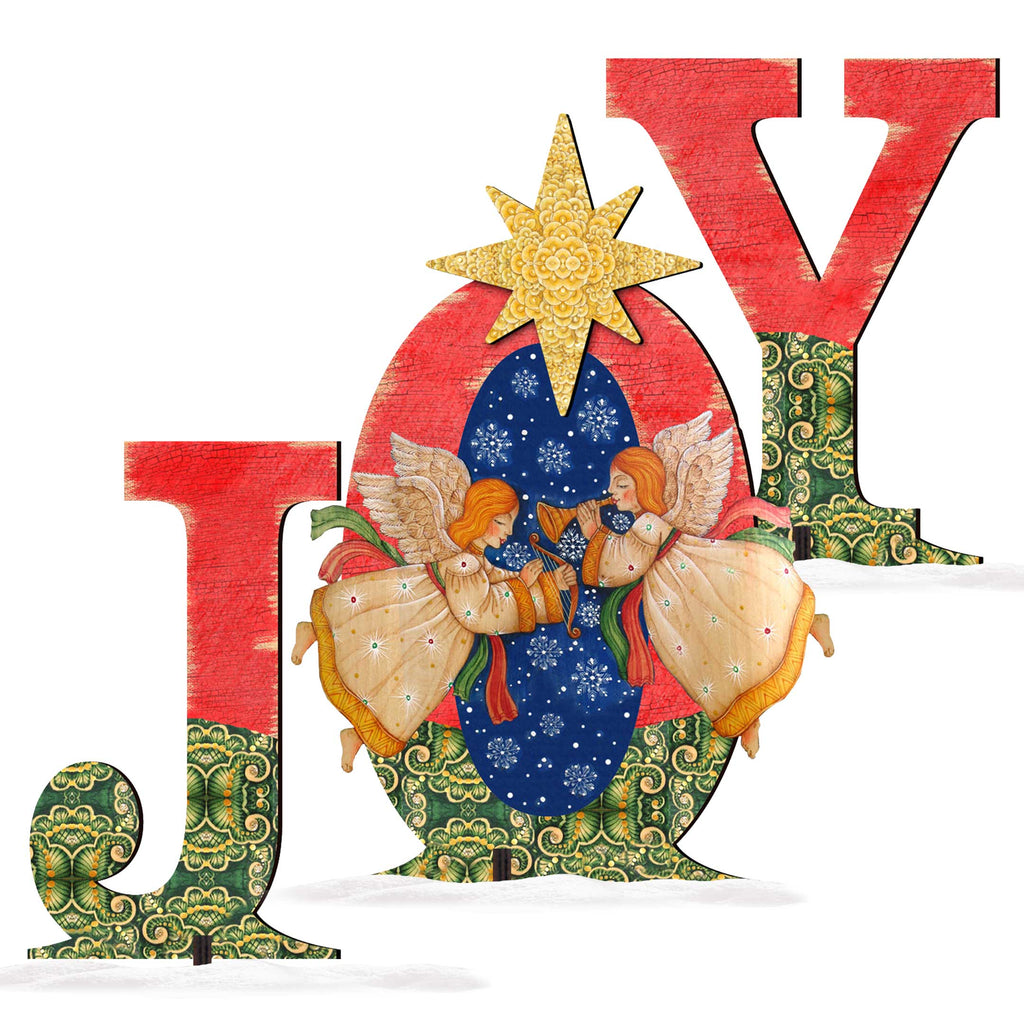 Outdoor “JOY” nativity yard decor close view: red letters, angels, yellow star, green base.