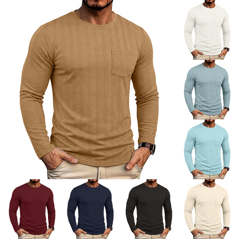 Men's tan jacquard knit crew-neck sweater with long sleeves and chest pocket