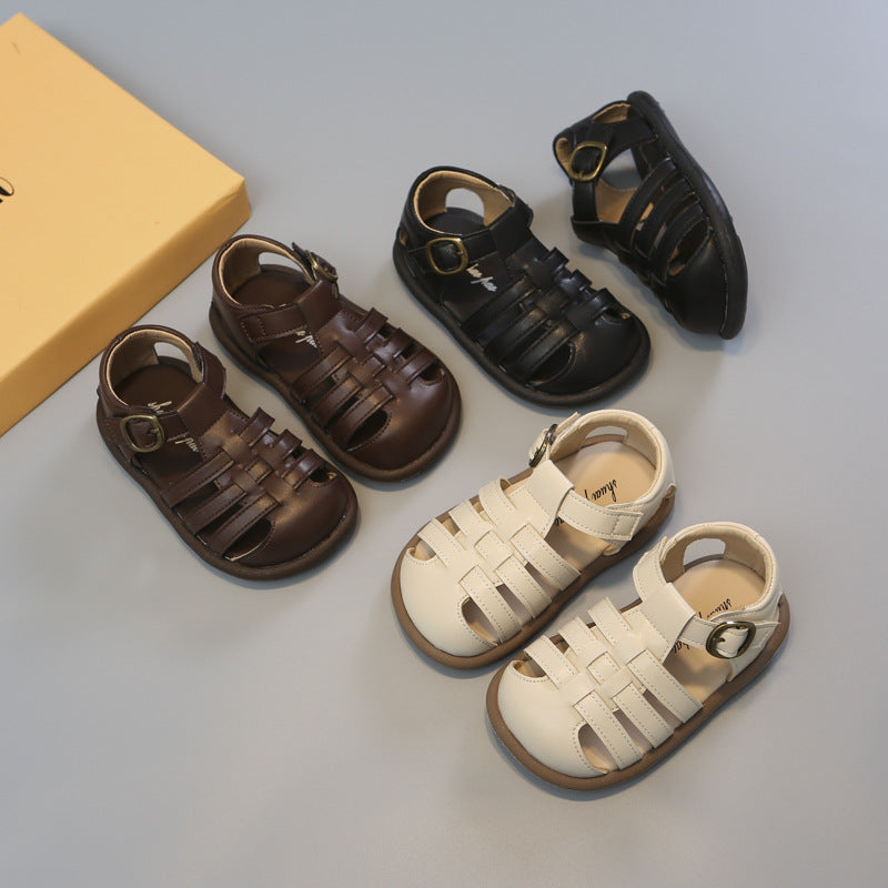 Toddler closed-toe woven sandals, beige, brown, and black, with hook-and-loop straps