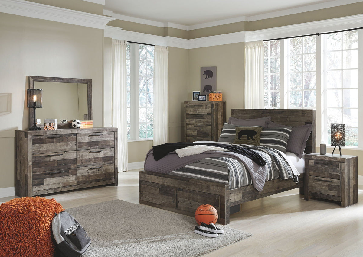 Youth panel bedroom set with gray wood-look bed, dresser with mirror, and matching nightstand