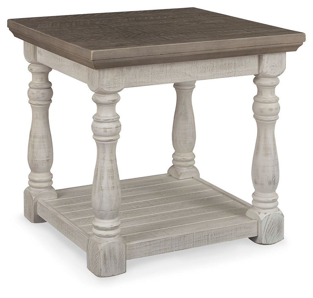 Gray and white rectangular end table with lower shelf and turned legs