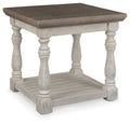 Gray and white rectangular end table with lower shelf and turned legs