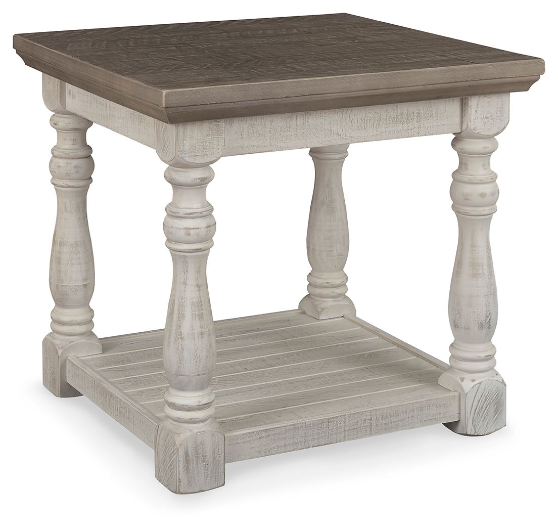 Gray and white rectangular end table with lower shelf and turned legs
