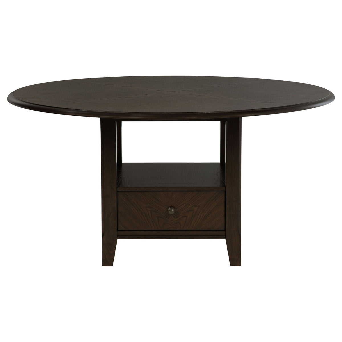 Dark cocoa round dining table with drawer and four legs