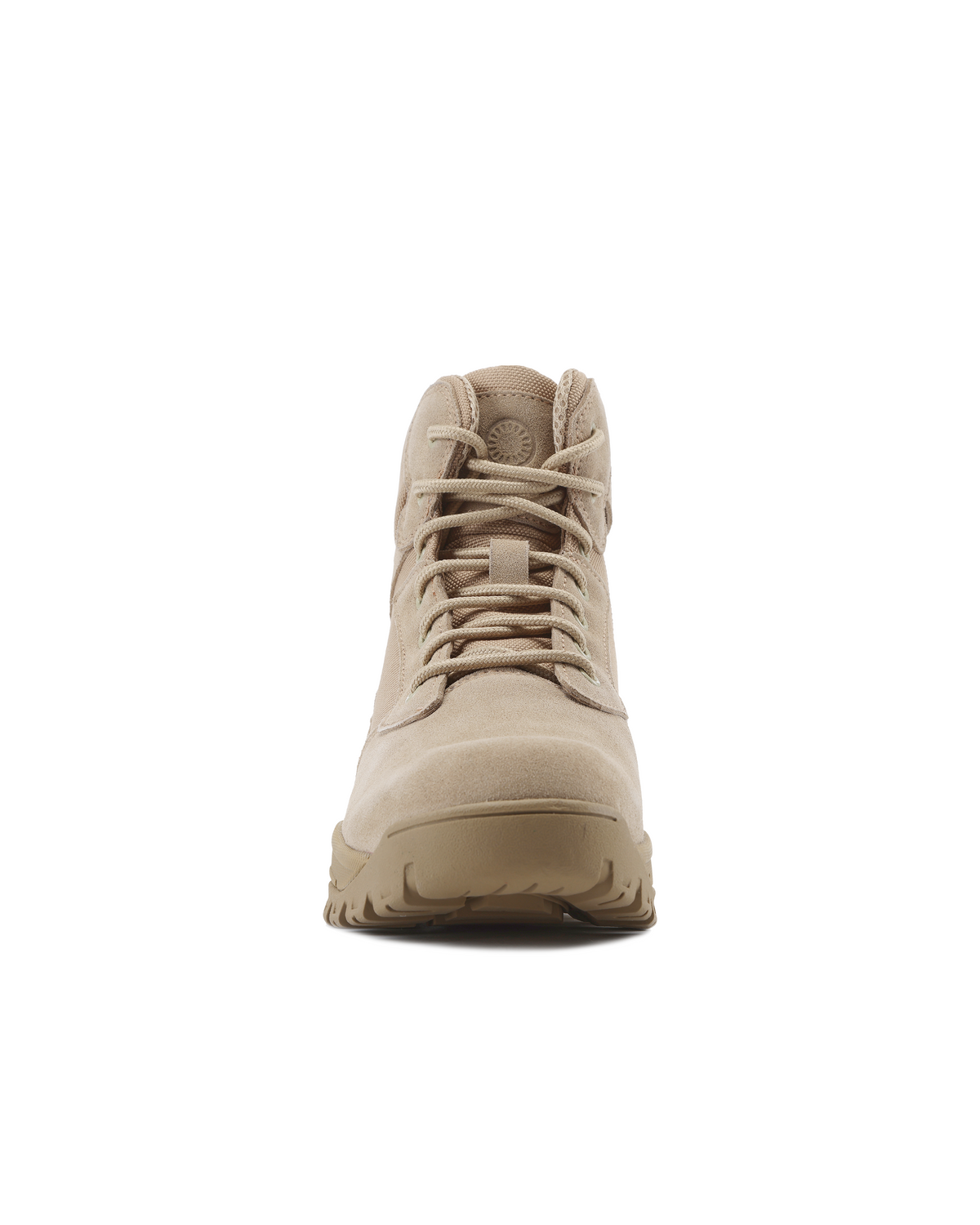 Kiwi sand suede mid-cut tactical boot, front view with lace-up eyelets