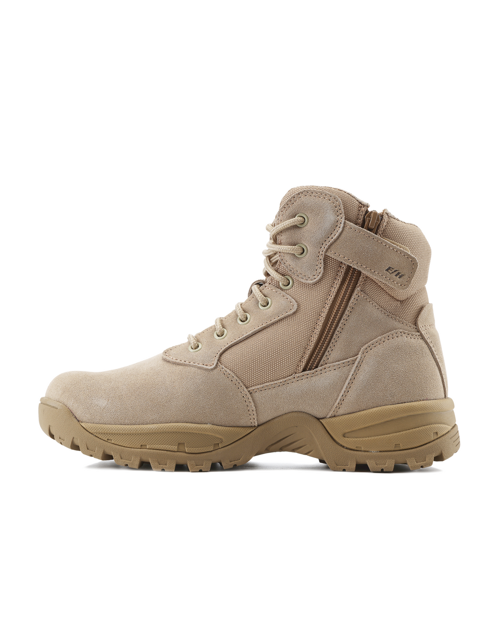 Kiwi sand suede mid-cut tactical boot, side zipper and lace-up