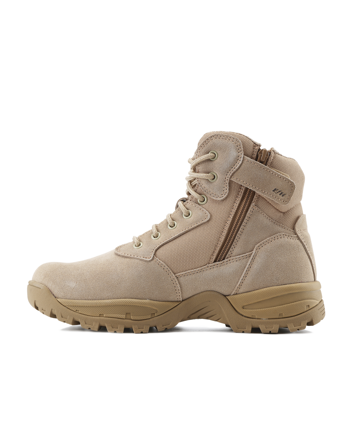 Kiwi sand suede mid-cut tactical boot, side zipper and lace-up