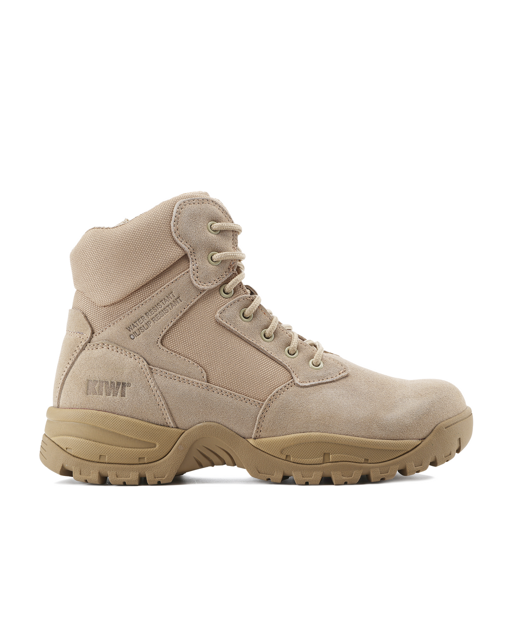 Kiwi sand suede mid-cut tactical boot, lace-up and padded collar