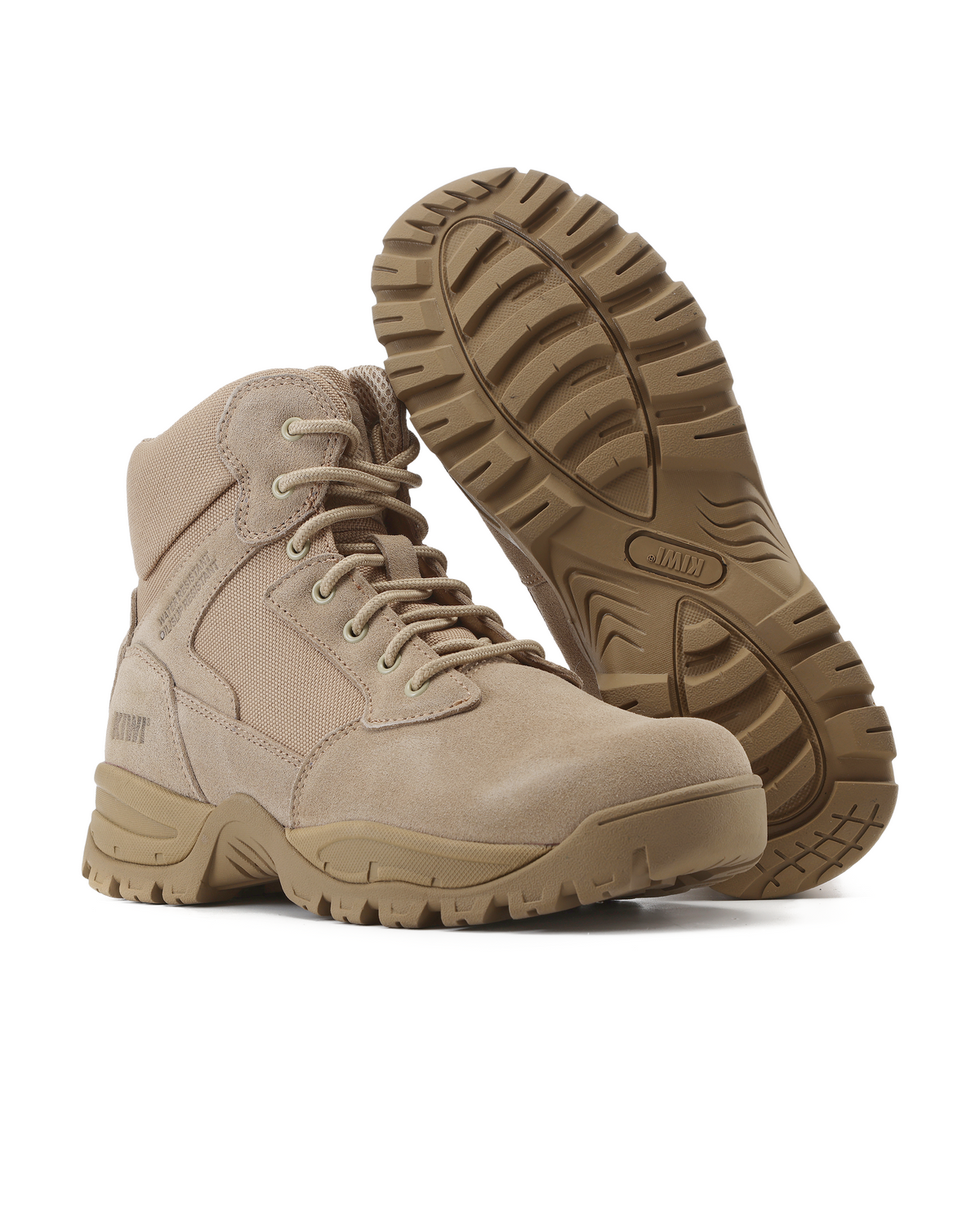 Kiwi sand suede mid-cut tactical boot, outsole and traction tread view