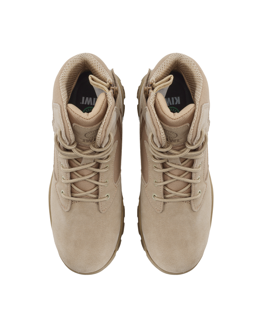 Kiwi sand suede mid-cut tactical boots, pair showing tongues and laces