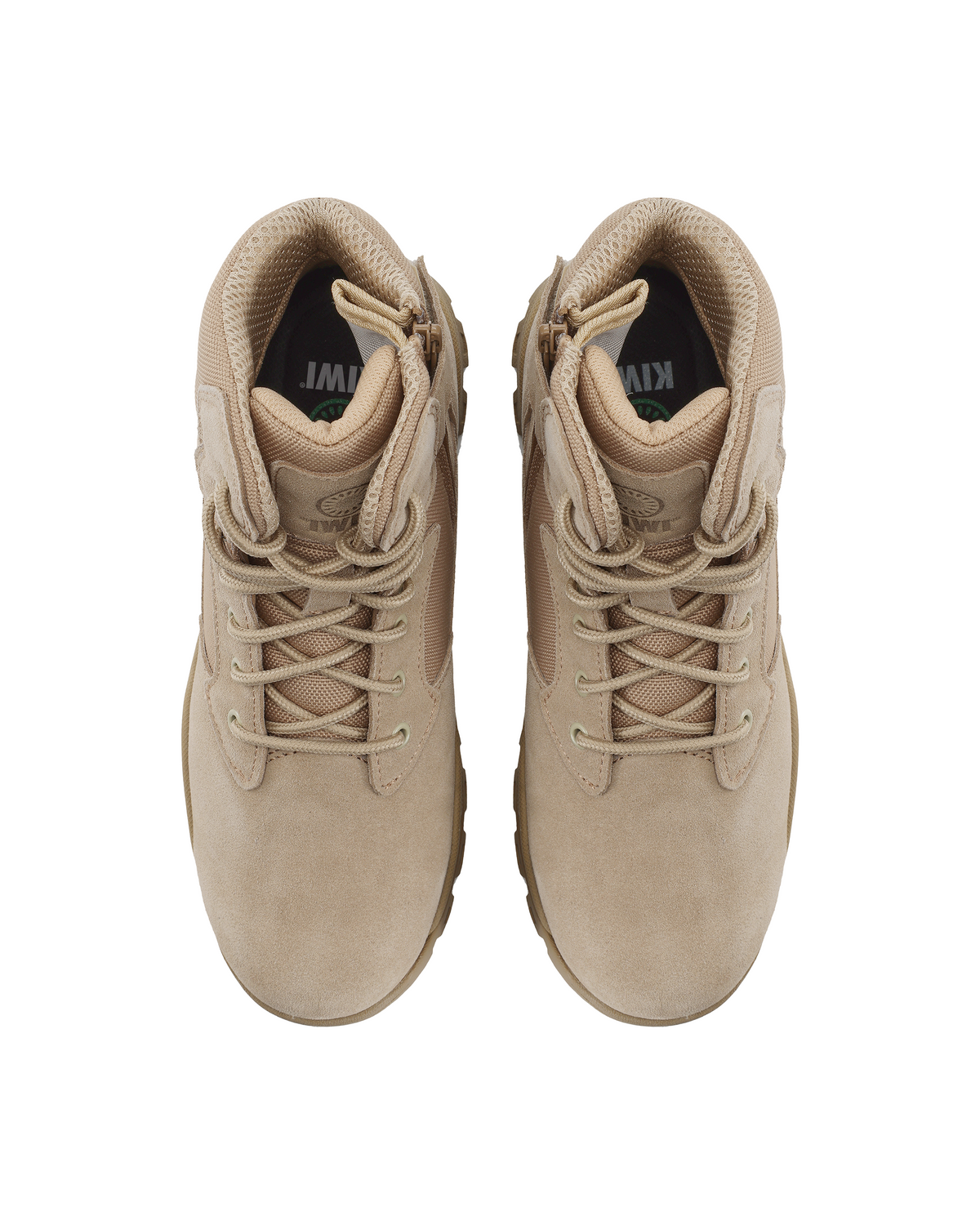 Kiwi sand suede mid-cut tactical boots, pair showing tongues and laces