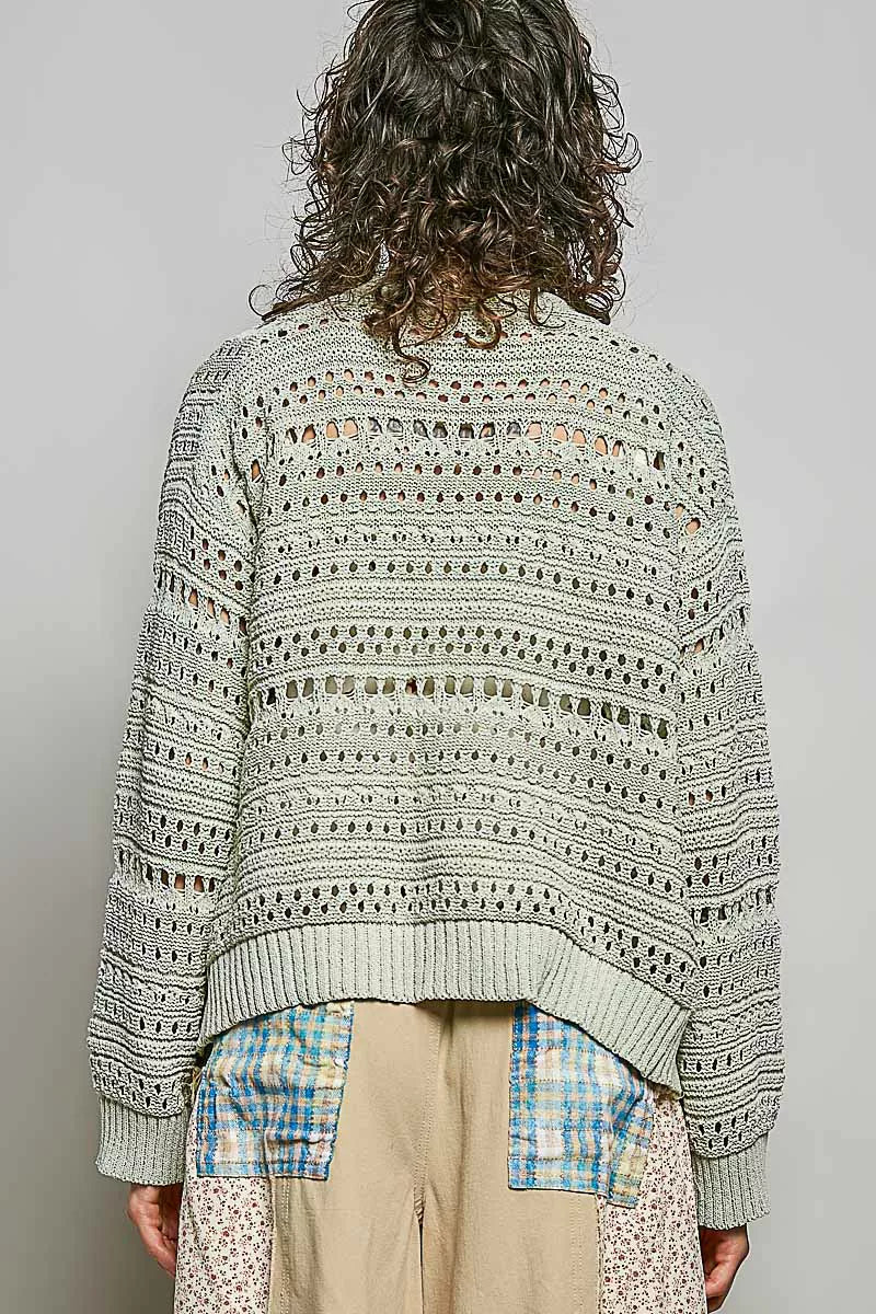 Light gray open-knit cardigan, back view with horizontal stitch pattern