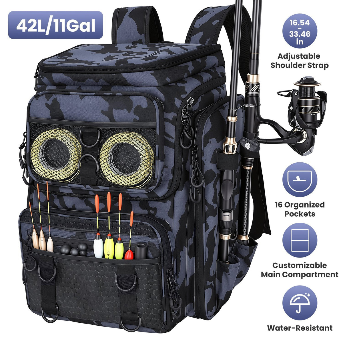Camo fishing tackle backpack with open organizer showing lures in front mesh pockets
