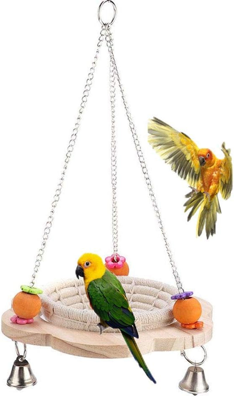 Bird nest swing hammock with rope basket, wooden base, hanging chains, bells and colorful beads