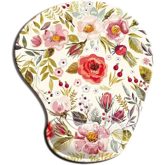 Ergonomic mouse pad wrist rest with cream base and wildflower bouquet print
