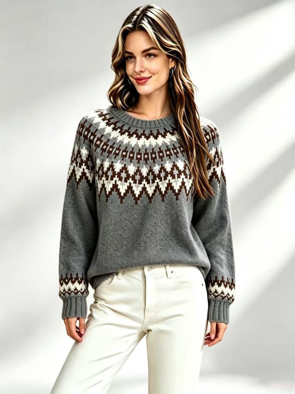 Women’s Fair Isle knit crew-neck sweater in dark gray with multicolor yoke pattern