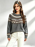 Women’s Fair Isle knit crew-neck sweater in dark gray with multicolor yoke pattern