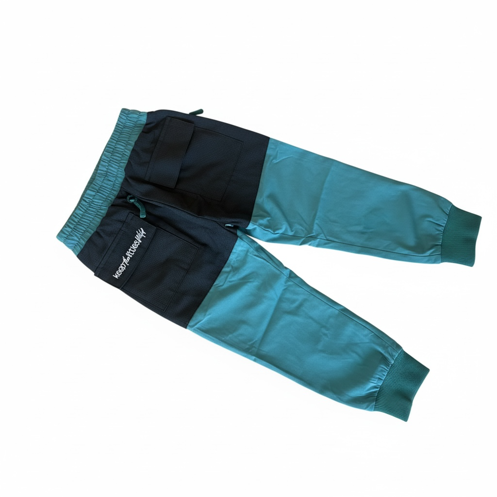Water-resistant hiking pants, teal and black colorblocked design with drawstring waist