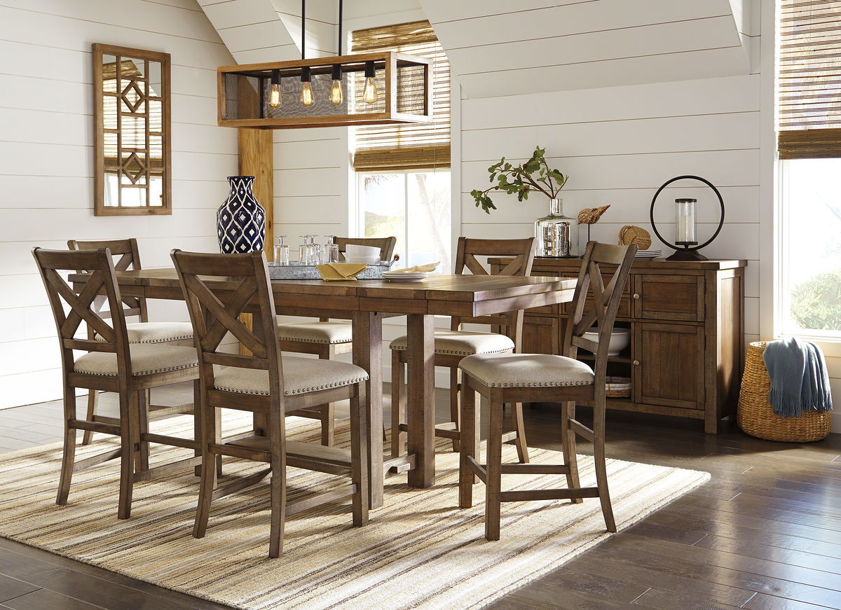 Dark brown counter-height dining table set with upholstered bar stools and server cabinet