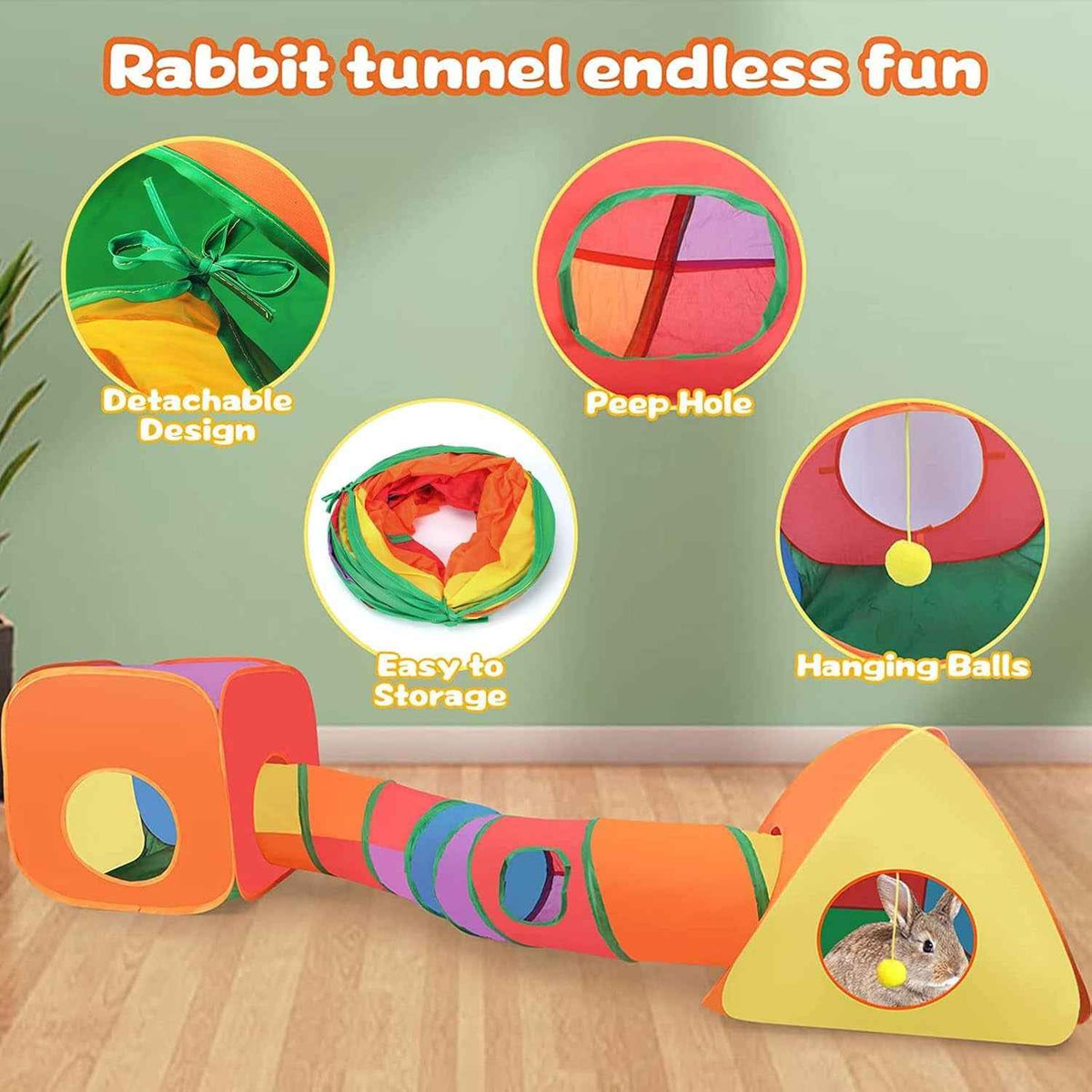 Rainbow rabbit play set with cube, tent, tunnel, peek holes, and hanging ball toys