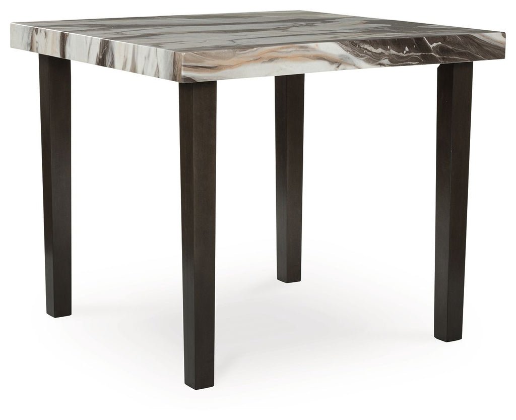 Square dining table with dark brown legs and beige marble-look top
