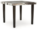 Square dining table with dark brown legs and beige marble-look top