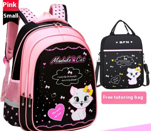Pink kids cat print backpack with matching black tutoring bag and front zipper pocket