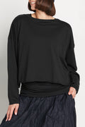 Black boxy long-sleeve T-shirt with crew neck, draped relaxed fit
