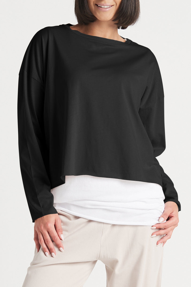 Black boxy long-sleeve T-shirt with relaxed fit and draped hem