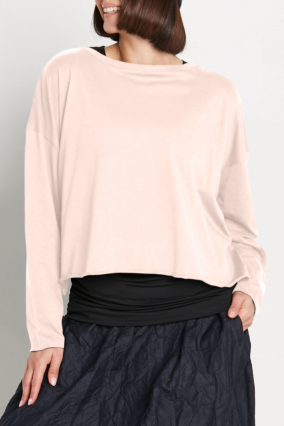 Blush pink boxy long-sleeve crewneck T-shirt, relaxed fit