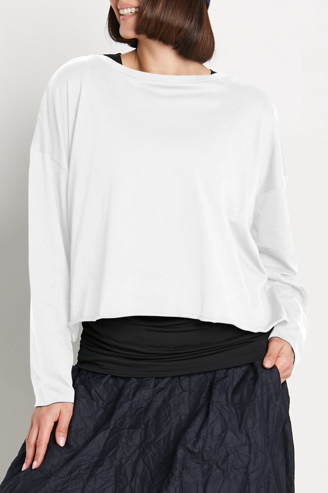 White boxy long-sleeve T-shirt back view, crew neck