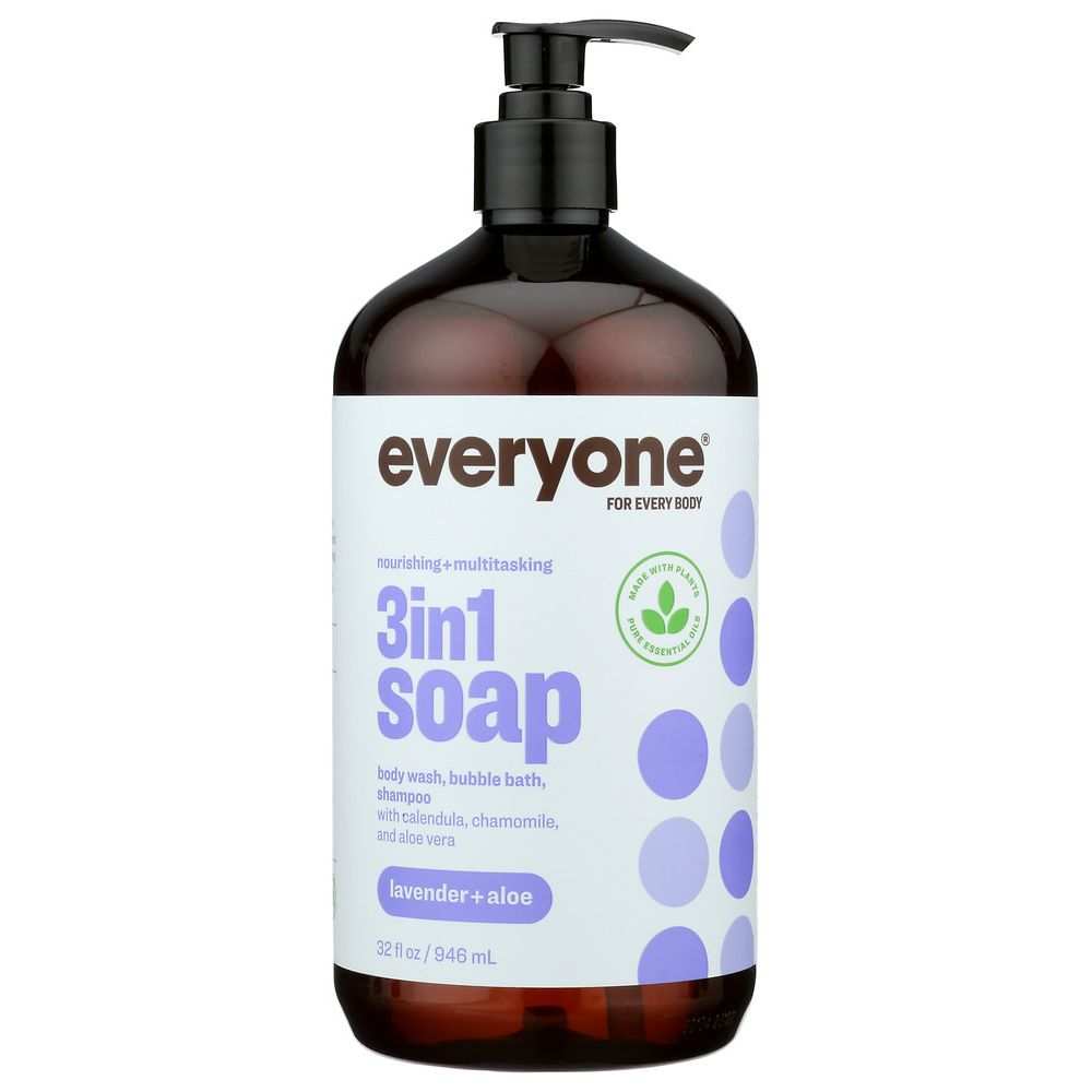 Amber pump soap bottle with lavender + aloe 3-in-1 label, Everyone, 32 oz