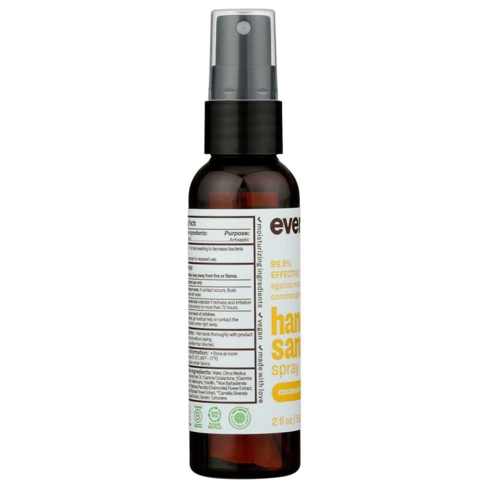 EVERYONE hand sanitizer spray bottle with ingredient facts panel, 2 oz