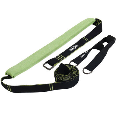Green yoga stretch band with black straps and metal buckles, rolled for storage