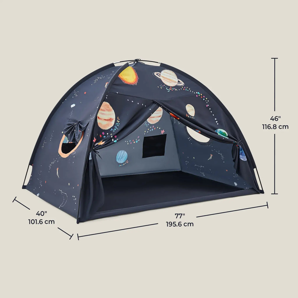 Dark navy space print kids tent with 77 in width and 46 in height